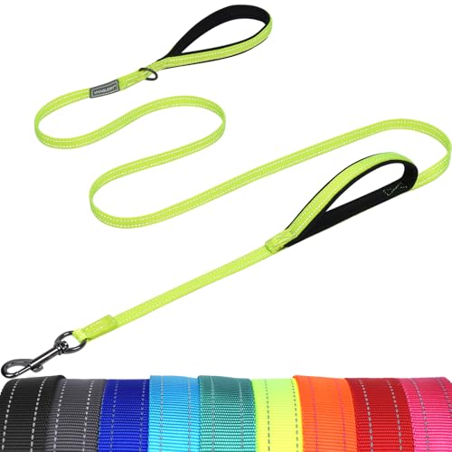VIVAGLORY Twingrip Führleine Hund, Leine Hund Hausleine Joggingleine, Hundeleine mit 2 Griffen Doppelgriff, Gepolstert Neopren & Reflektierend, 1.5m x 1.4cm, Helles Gelb von VIVAGLORY