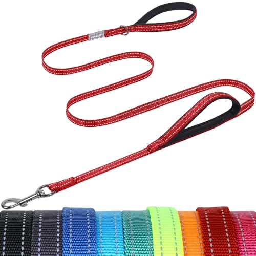 VIVAGLORY Twingrip Führleine Hund, Leine Hund Hausleine Joggingleine, Hundeleine mit 2 Griffen Doppelgriff, Gepolstert Neopren & Reflektierend, 1.8m x 1.4cm, Rot von VIVAGLORY
