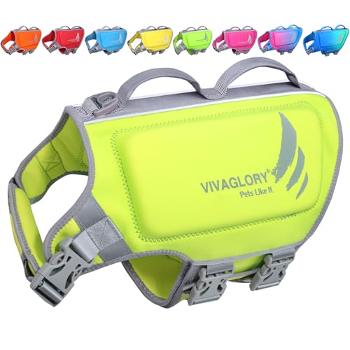 VIVAGLORY Leichte Rettungsweste für Hunde, Pet Life Preserver Rettungsweste aus hautfreundlichem Neopren mit D-Ring und Schnellverschluss für große Hunde, Neon-Gelb von VIVAGLORY