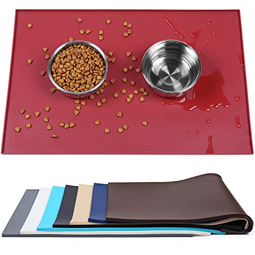 VIVAGLORY Hundefuttermatte, Katzenhund-Fütterungsmatte, Anti-Messy wasserdichte Futterfutter-Nahrungsnahrungs-Pet Schüssel Silikonmatten-Placemat mit erhöhter Kante, Burgund, Groß (60x40cm) von VIVAGLORY