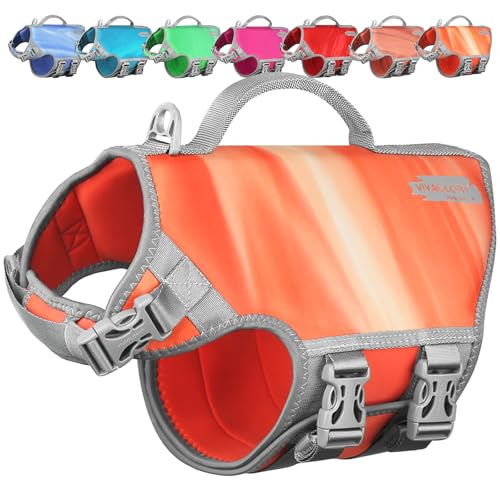 VIVAGLORY Neopren Schwimmweste Hund Rettungsweste Hund Für Wassersport Schwimmen & Hunter, Leichte Sicher Langlebig Einstellbar Auftrieb Lebensretter Mit Rettungsgrif, L, Orange Sonnenuntergang von VIVAGLORY