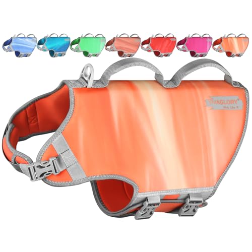 VIVAGLORY Neopren Schwimmweste Hund Rettungsweste Hund Für Wassersport Schwimmen & Hunter, Leichte Sicher Langlebig Einstellbar Auftrieb Lebensretter Mit Rettungsgrif, XL, Orange Sonnenuntergang von VIVAGLORY