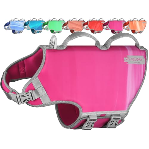VIVAGLORY Neopren Schwimmweste Hund Rettungswesten Für Hunde Für Wassersport Schwimmen & Hunter, Leichte Sicher Langlebig Einstellbar Auftrieb Lebensretter Mit Rettungsgrif, XL, Himbeer Pink von VIVAGLORY