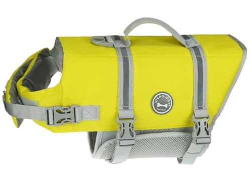 VIVAGLORY Ripstop Hunde Rettungsweste für Kleine Mittel Große Hunde Bootfahren, Hund Schwimmweste mit Verbesserter Auftrieb & Sichtbarkeit, Gelbgrau von VIVAGLORY