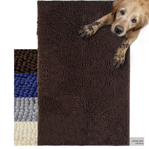 VIVAGLORY Schmutzfangmatte Hund Absorpmax Cleany Mat Hund, Hundeteppich Schmutzmatte Fußmatte, Waschbar Wasserdicht rutschfest Schlammige Saugfähige Chenille Fußmatte, 90cm × 64cm, Braun von VIVAGLORY