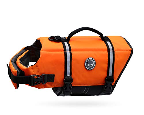 VIVAGLORY Ripstop Hunde Rettungsweste für Kleine Mittel Große Hunde Bootfahren, Hund Schwimmweste mit Verbesserter Auftrieb & Sichtbarkeit, Neon-Orange von VIVAGLORY