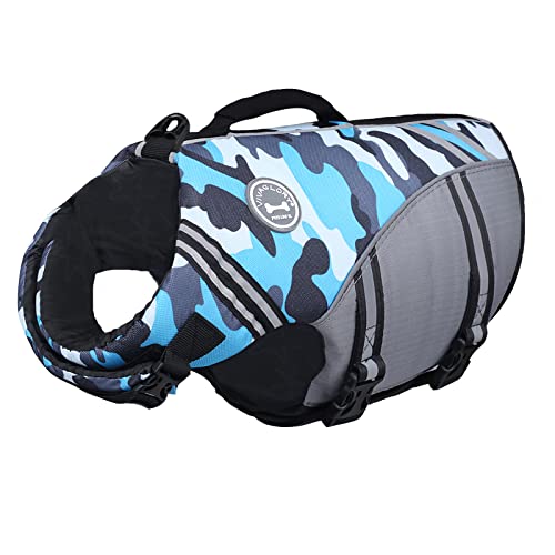 VIVAGLORY Sportstil Schwimmweste für Hunde mit Hervorragendem Auftrieb, Einstellbar & Langlebig Schwimmweste mit Sicherem Befestigungssystem für Große Hunde, Camo Blau von VIVAGLORY