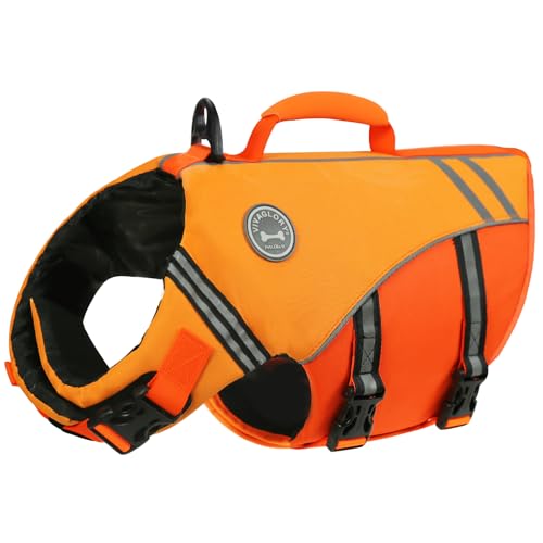 VIVAGLORY Sportstil Schwimmweste für Hunde mit Hervorragendem Auftrieb, Einstellbar & Langlebig Schwimmweste mit Sicherem Befestigungssystem für Große Hunde, Dunkelorange von VIVAGLORY