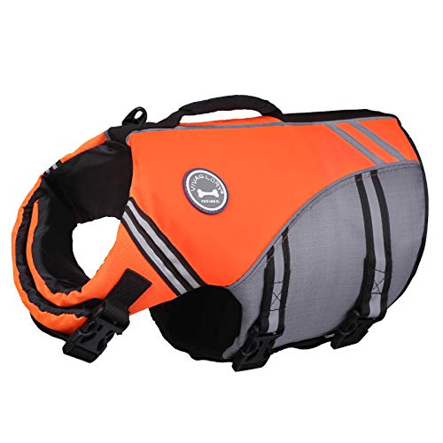 VIVAGLORY Sportstil Schwimmweste für Hunde mit Hervorragendem Auftrieb, Einstellbar & Langlebig Schwimmweste mit Sicherem Befestigungssystem für Große Hunde, Neon-Orange von VIVAGLORY