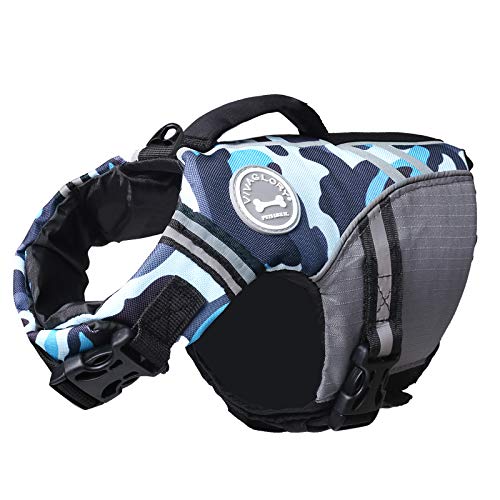 VIVAGLORY Sports Style Schwimmweste Hund, Hundeschwimmweste für Bootfahren, Auftrieb & Schwimmhilfe, Schwimmweste, XS, Camo Blau von VIVAGLORY