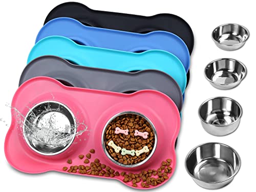 VIVAGLORY Hundenapf Fressnapf Lebensmittel Wassernapf Edelstahl Doppel Napf mit Nicht Kleckern Rutschfesten Silikon Tablett Matte, Rosa, 185ml x 2 für Welpen von VIVAGLORY