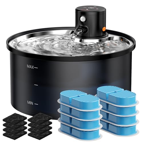 Trinkbrunnen für Katzen Kabellos Katzen Wasserbrunnen: Katzentrinkbrunnen - mit 8 Kohlefilters + 8 Schwämmes - Trinkbrunnen für Katze mit Sensor - 3.2L Katzenbrunnen Edelstahl mit Bewegungsmelder von VKIMISS