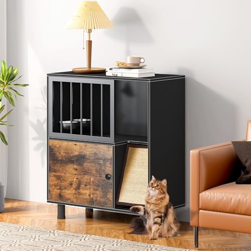 Hundesichere Katzenfutterstation, Katzenfutterstation mit Kratzbrett, erhöhte Schalen für Indoor-Katzen, erhöhte Futternäpfe mit Ständer, Vintage Schwarz Möbel von VKTO
