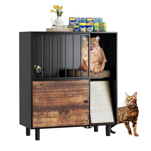 Katzenfutterstation, Hundesichere Katzenfutterstation mit Katzenkratzbrett, Erhöhte Katzenfutterschalen mit Katzenständer, Tierfutteraufbewahrung mit 2 Edelstahlnäpfen, Großes Katzenhaus für von VKTO