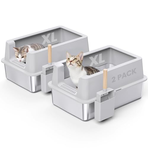 2 Pack Edelstahl Katzentoilette - Geschlossene XL Metall Kitty Katzentoilette mit Deckel für große Katzen, hohe Seite, Anti-Auslaufen, einfache Reinigung, nicht klebrig, inklusive Katzenstreulöffel von VNAKIO