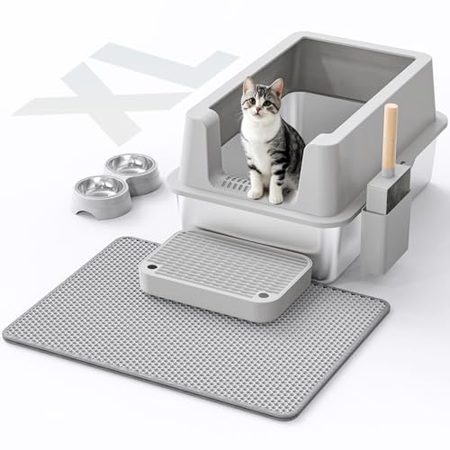 Katzentoilette Edelstahl - Geschlossene Katzentoilette mit Deckel XL Extra Große Metall Hochseitige Katzentoilette für Großkatzen, Anti-Auslaufen, Einfache Reinigung, Nicht Klebrig, Inklusive Löffel von VNAKIO