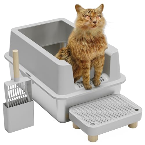 Katzentoilette aus Edelstahl - Geschlossene Katzentoilette mit Deckel XL Extra Große Metall Hochseitige Katzentoilette für Großkatzen, Nicht Klebrig, Einfache Reinigung, von VNAKIO
