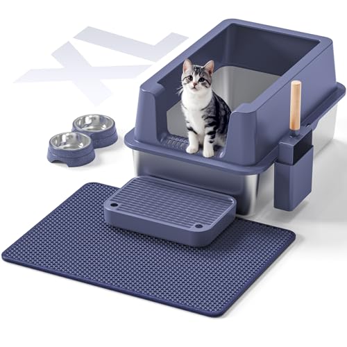Katzentoilette aus Edelstahl – Geschlossene XL Metall Kitty Katzentoilette mit Deckel für große Katzen, hohe Seite, Anti-Auslaufen, einfache Reinigung, nicht klebrig, inklusive Katzentoilette von VNAKIO