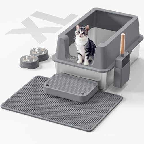 Katzentoilette aus Edelstahl – Geschlossene XL Metall Kitty Katzentoilette mit Deckel für große Katzen, hohe Seite, Anti-Auslaufen, einfache Reinigung, nicht klebrig, inklusive Katzentoilette von VNAKIO