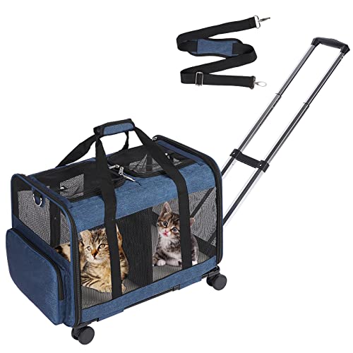 VOISTINO Haustier-Tragetasche mit Doppelfach, abnehmbare Räder, für Katze, Hund, Roll-Tragetasche für 2 kleine Katzen, Hunde, super belüftetes Design, ideal für Reisen, Spazierengehen, Camping, Blau von VOISTINO