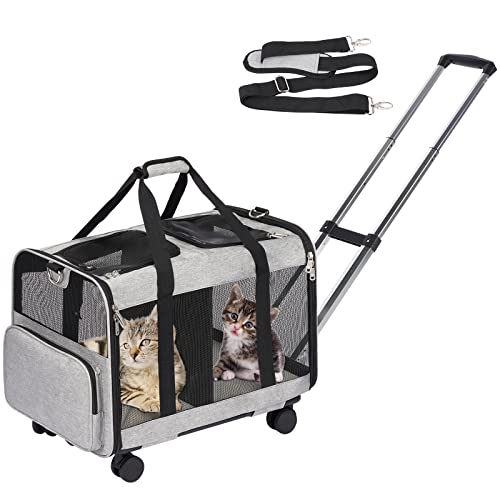 VOISTINO Haustier-Tragetasche mit Doppelfach, abnehmbare Räder, für Katze, Hund, Roll-Tragetasche für 2 kleine Katzen/Hunde, super belüftetes Design, ideal für Reisen/Spazierengehen/Camping von VOISTINO