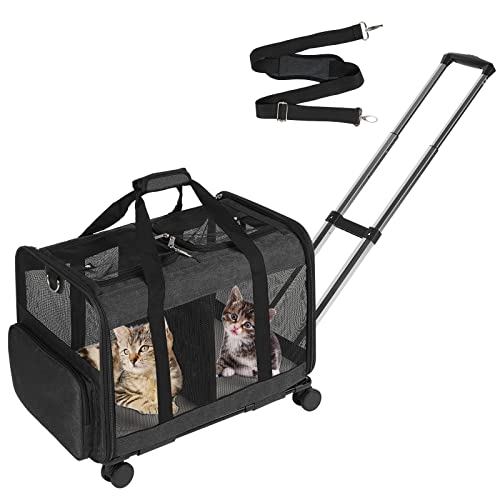 VOISTINO Haustier-Transporttasche mit zwei Fächern und abnehmbaren Rädern für Katze/Hund, Rolltrage für 2 kleine Katzen/Hunde, super belüftetes Design, ideal für Reisen/Spazierengehen/Camping, Schwarz von VOISTINO
