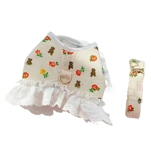 Dog Cat Harness Leash Set Adjustable Lace Floral Pet Harness Vest Cute Puppy Dog Princess Dress Skirt Walking Lead Chihuahua Pug (Color : Weiß, Size : XS) von VOODUE