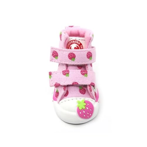 VOODUE hundestiefel Haustier-Hundeschuhe, rutschfeste Erdbeer-Turnschuhe, atmungsaktive Stiefeletten, Welpen-Jeansschuhe for kleine Hunde (Color : Rosa, Size : S) von VOODUE