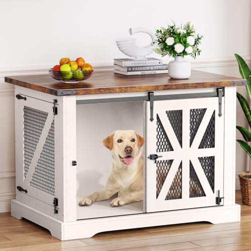 VOPEAK Farmhouse Hundebox Möbel, Strapazierfähige Große Hundebox für Mittelgroße Hunde, XL Hundebox Hundehütte Indoor mit Doppeltüren, Kaufester Beistelltisch für Schlafzimmer Wohnzimmer, Weiß von VOPEAK