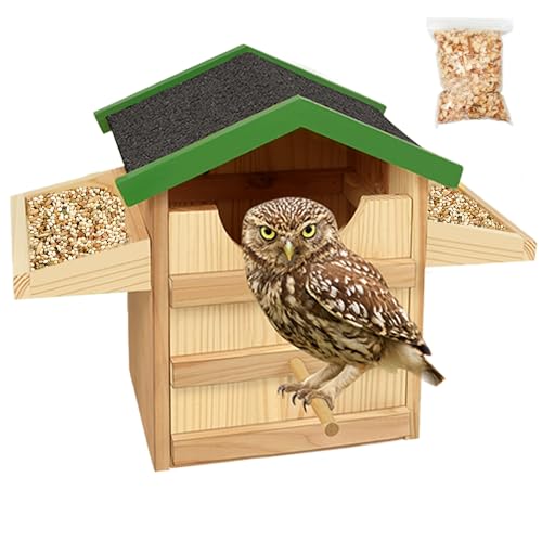 Eulenhaus, Vogelhaus aus Holz mit Futterregal, 22,9 cm großer handgefertigter Eulen-Nistkasten mit Befestigungsschrauben und Holzspänen, außen hängender Nistkasten für Hinterhof Eulenhaus, Vogelhaus aus Holz mit Futterregal, 22,9 cm großer handgefertigter Eulen-Nistkasten mit Befestigungsschrauben und Holzspänen, außen hängender Nistkasten für Hinterhof von VORA