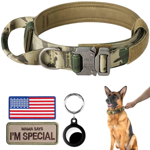 VORCIK Taktisches Hundehalsband, verstellbar, Militär-Training, Nylon, mit Griff und robuster Metallschnalle für mittelgroße und große Hunde, mit Airtags-Hülle und 2 Patches (Medium, Camo) von VORCIK