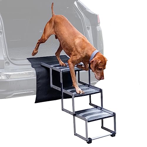 VOSS.PET Faltbare Hundetreppe, 3-stufige Kofferraumtreppe, Gelenkschonende Auto-Treppe, Einstiegshilfe für Hunde aus Aluminium mit Schutzmatte von VOSS.PET