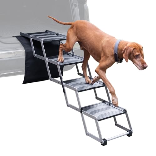 VOSS.PET Faltbare Hundetreppe, 4-stufige Kofferraumtreppe, Gelenkschonende Auto-Treppe, Einstiegshilfe für Hunde aus Aluminium mit Schutzmatte von VOSS.PET