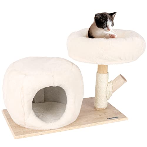 VOSS.pet Flauschiges Katzenhaus Mary 42cm, Premium Kratzbaum mit Naturholz vom Tanoak Baum, Kletterbaum mit Echtholzstamm von VOSS.PET