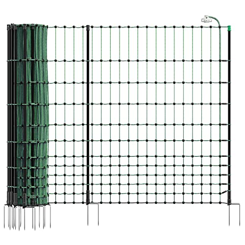 VOSS.farming Elektronetz, Netz, Hühnerzaun, Geflügelnetz, 50m, 112cm, Gartenzaun, Auslaufgehege, Grün, Elektrifizierbar, 20 Pfähle Stäbe, 2 Spitzen, Fiberglaspfähle, Hundezaun von VOSS.farming