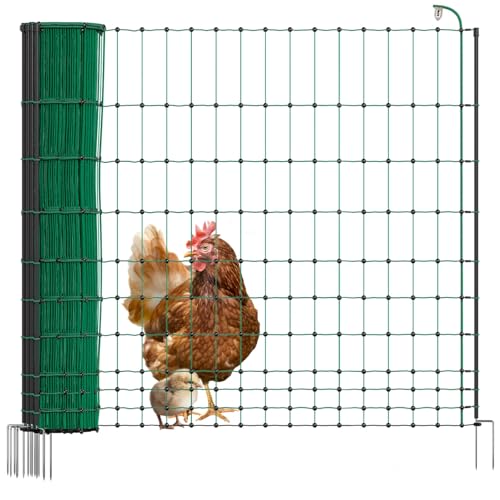 VOSS.farming Geflügelnetz 50m 122cm hoch Basic - Hühnerzaun elektrifizierbar, 14 stabile Pfähle mit Doppelspitze, grüner Geflügelzaun, Flexibler Zaun, mobiler Begrenzungszaun für Hühner, Haustiere von VOSS.farming