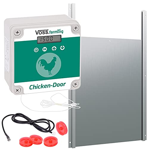 VOSS.farming Set Chicken-Door automatische Hühnertür + Alu Hühnerklappe 300 x 400mm, Türöffnung, Türöffner für Hühnerstall, Hühnerhaus, mit Lichtsensor, Zeitschaltung, Manuell von VOSS.farming