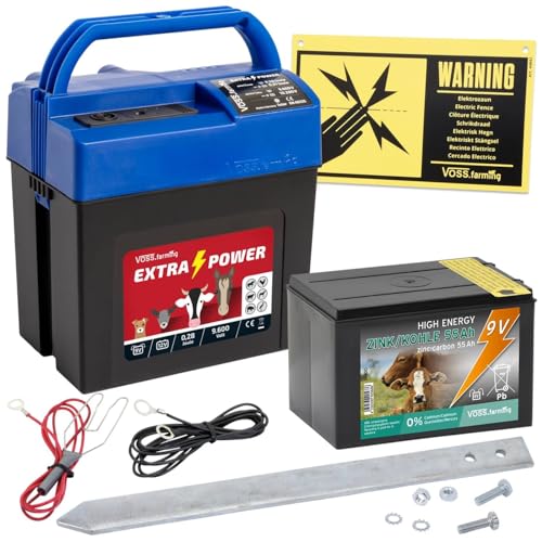 VOSS.farming Weidezaungerät Set Extra Power 9V Elektrozaungerät mit Batterie Netzadapter Anschlusskabel mobil Weidezaun von VOSS.farming