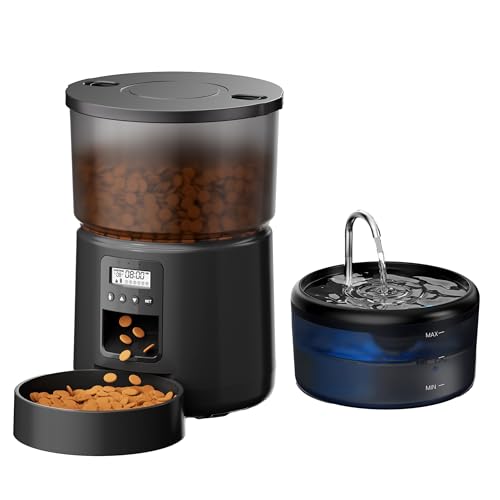 Futterautomat Katze Katzenfutter Automat und Katzenbrunnen: Futterspender Hunde mit Programmierbarem Timer 6 Mahlzeiten pro Tag - 3L Futterspender und 2.4L Trinkbrunnen für Kleine/Mittlere Haustiere von VOUAAOOD