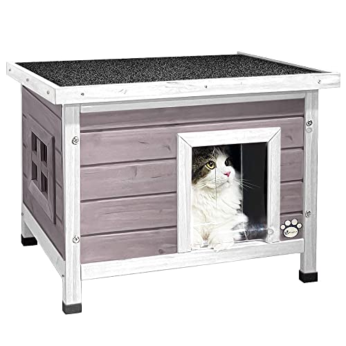 VOUNOT® Katzenhaus aus Holz, Katzen Haus mit Asphaltdach, Katzenhütte für Draussen Outdoor 57 x 45 x 43 cm, Grau von VOUNOT
