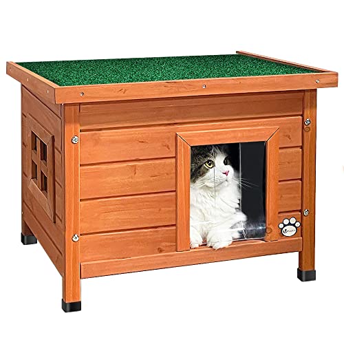 VOUNOT® Katzenhaus aus Holz, Katzen Haus mit Asphaltdach, Katzenhütte für Draussen Outdoor 57 x 45 x 43 cm von VOUNOT