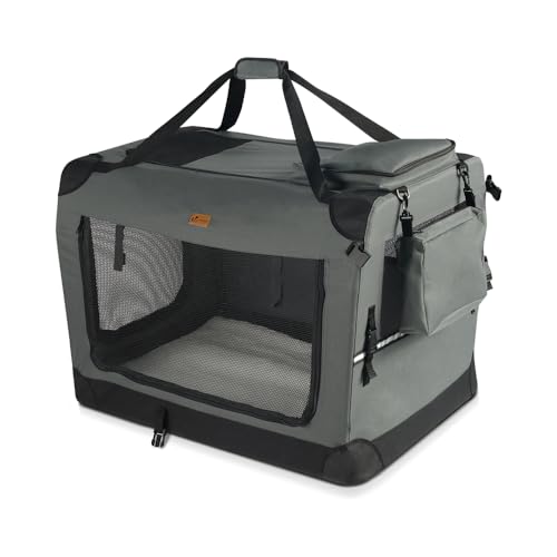 VOUNOT Hundebox faltbar, Transportbox Katze Hunde, Hundetasche, Oxford-Gewebe, Netzstoff, Atmungsaktiv, Transportabel, Metallrahmen, mit Griffen, Taschen, 60x44x44cm M, Grau von VOUNOT