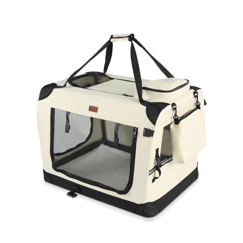 VOUNOT Hundebox faltbar, Transportbox Katze Hunde, Hundetasche, Oxford-Gewebe, Netzstoff, Atmungsaktiv, Transportabel, Metallrahmen, mit Griffen, Taschen, 50x35x36cm S, Beige von VOUNOT