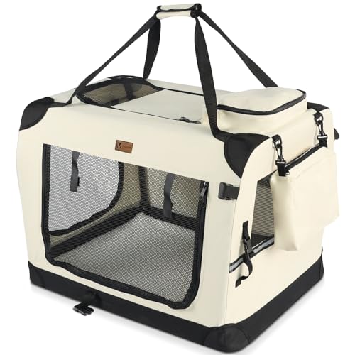 VOUNOT Hundebox faltbar, Transportbox Katze Hunde, Hundetasche, Oxford-Gewebe, Netzstoff, Atmungsaktiv, Transportabel, Metallrahmen, mit Griffen, Taschen, 82x60x60cm XL, Beige von VOUNOT