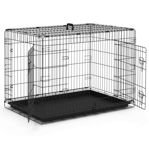 VOUNOT Hundekäfig Klappbar, Hundebox Auto Hundetransportkäfig mit Doppeltüren, 2 Transportgriffen & Bodenschale, L 92x58x64cm, Schwarz von VOUNOT