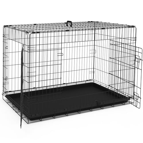 VOUNOT Hundekäfig Klappbar, Hundebox Auto Hundetransportkäfig mit Doppeltüren, 2 Transportgriffen & Bodenschale, XXL 122x75x81cm, Schwarz von VOUNOT