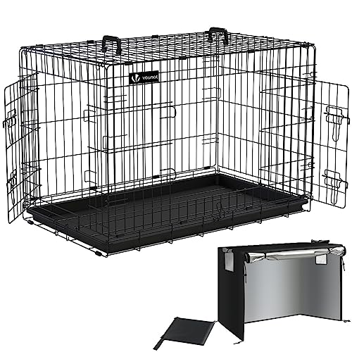 VOUNOT Hundekäfig Klappbar mit Abdeckung, Hundebox Auto Hundetransportkäfig mit Doppeltüren, 2 Transportgriffen & Bodenschale, XL 107 x 70 x 78 cm, Schwarz von VOUNOT