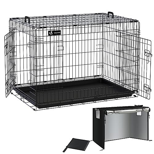 VOUNOT Hundekäfig Klappbar mit Abdeckung, Hundebox Auto Hundetransportkäfig mit Doppeltüren, 2 Transportgriffen & Bodenschale, XXL 122 x 75 x 81 cm, Schwarz von VOUNOT