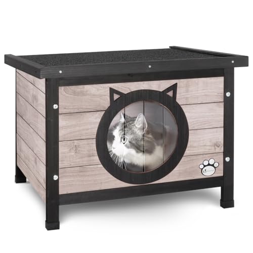 VOUNOT® Katzenhaus aus Holz, Wetterfestes Katzen Haus mit Schwingtür im Katzenohren-Design & höhenverstellbaren Füßen, Katzenhütte für draußen, Grau, 57 x 45 x 43 cm von VOUNOT