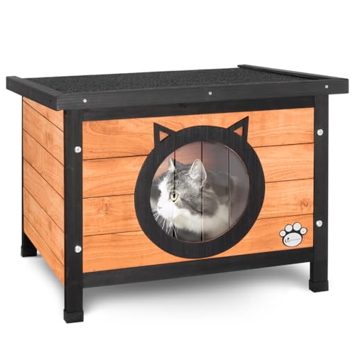 VOUNOT® Katzenhaus aus Holz, Wetterfestes Katzen Haus mit Schwingtür im Katzenohren-Design & höhenverstellbaren Füßen, Katzenhütte für draußen, 57 x 45 x 43 cm von VOUNOT